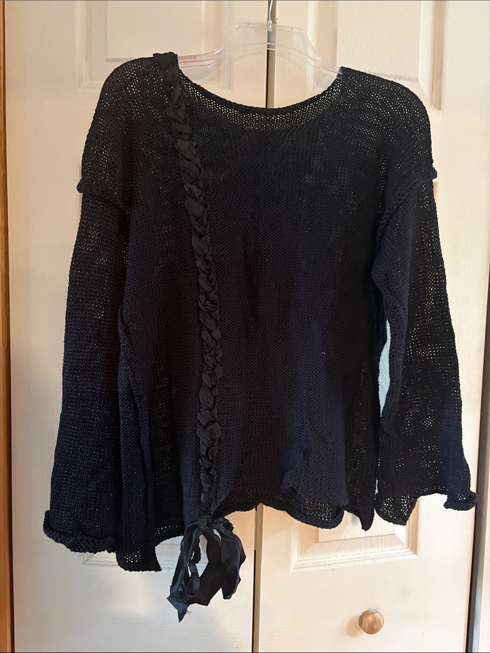 Black Knit Women's Sweater with Braided Ribbon Detail